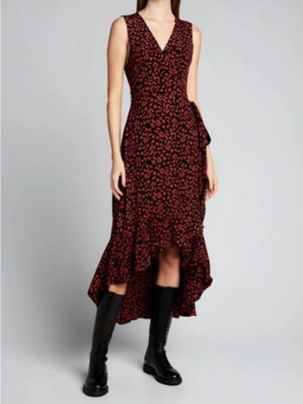Ganni Black and Red Floral High-Low V-Neck Wrap Dress
